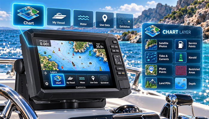 تنظیم لایه‌ها در نمودار ناوبری ECHOMAP UHD2 72cv